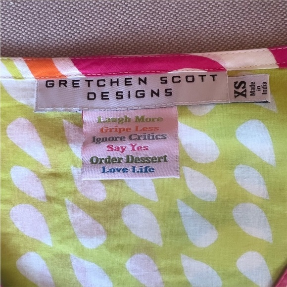 GRETCHEN SCOTT DESIGNS 100% Cotton Multi Color Leaf Print Split Neck Tunic Sz XS - Picture 11 of 12